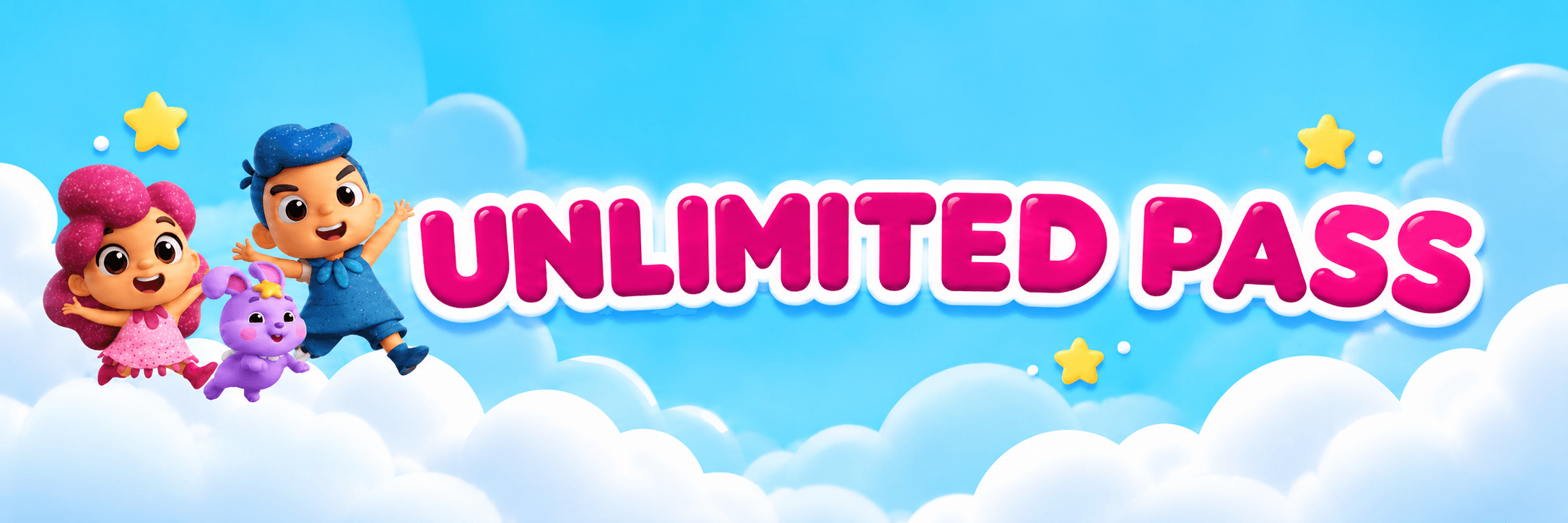 Unlimited Pass — Playtopia characters among clouds and stars.